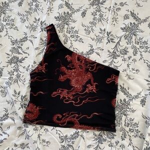 Urban Outfitters Black and Red Dragon Print One-Shoulder Tank Top